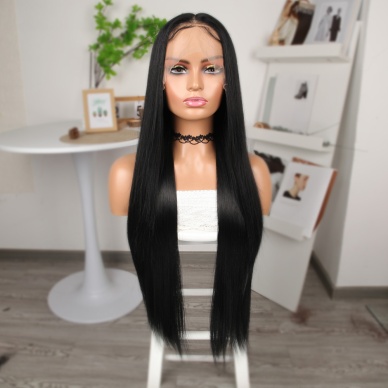 Siyah Ekstra Uzun Fiber Sentetik Düz Tül Peruk