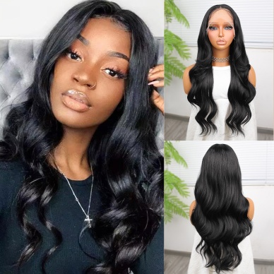 Siyah Fiber Sentetik Dalgalı Tül Peruk