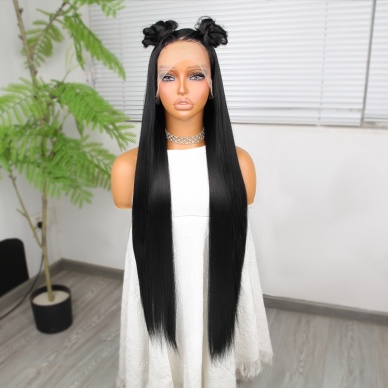 Ekstra Uzun Siyah Fiber Sentetik Düz Tül Peruk