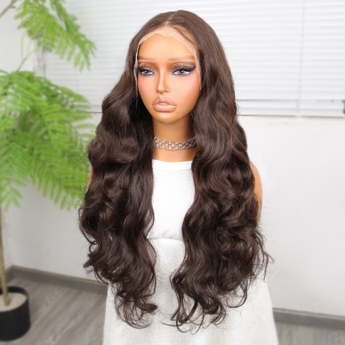 Gür Yoğun Su Dalgalı Koyu Kumral Fiber Sentetik Uzun Tül Peruk