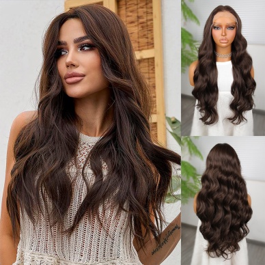 Koyu Kumral Dalgalı Fiber Sentetik Tül Peruk