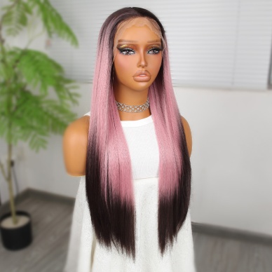 Koyu Kestane Pembe Ombreli Fiber Sentetik Tül Peruk