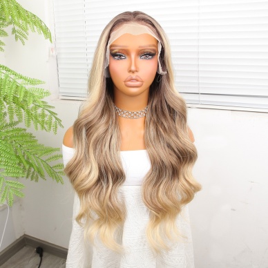 Kumral Dore Sarı Ombre  ve Röfleli Fiber Sentetik Geniş Dalgalı Tül Peruk