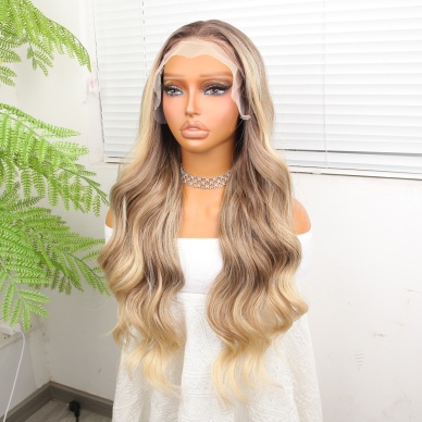 Kumral Dore Sarı Ombre  ve Röfleli Fiber Sentetik Geniş Dalgalı Tül Peruk