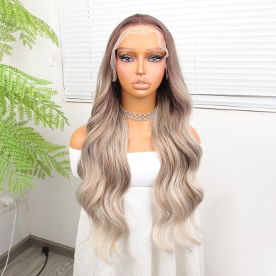 Rus Kumralı Beyaz Platin Ombre ve Röfleli Fiber Sentetik Geniş Dalgalı Tül Peruk