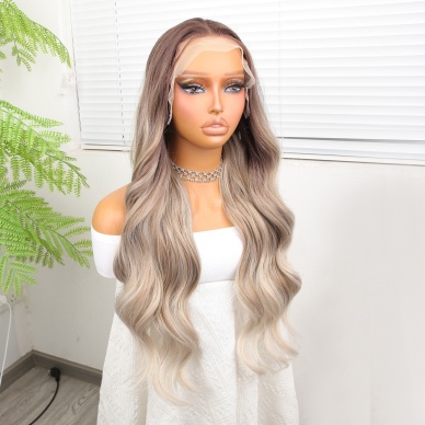 Rus Kumralı Beyaz Platin Ombre ve Röfleli Fiber Sentetik Geniş Dalgalı Tül Peruk