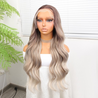 Rus Kumralı Beyaz Platin Ombre ve Röfleli Fiber Sentetik Geniş Dalgalı Tül Peruk