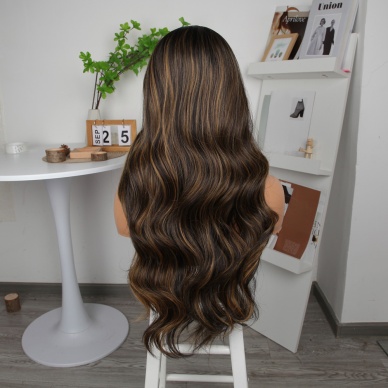 Koyu Kestane Karamel Işıltılı Fiber Sentetik Geniş Dalgalı Tül Peruk