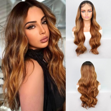 Siyah Karamel Balköpüğü Ombre Fiber Sentetik Geniş Dalgalı Tül Peruk