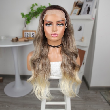 Bebek Kumralı Platin Ombre  ve Röfleli Fiber Sentetik Geniş Dalgalı Tül Peruk