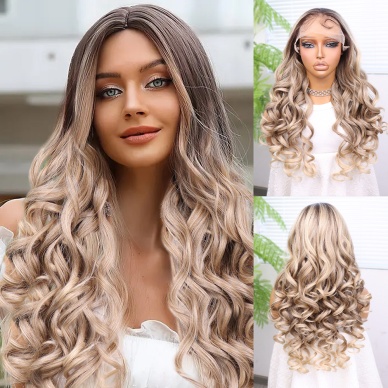 Kumral Platin Ombre Bebek Saçlı Fiber Sentetik Yoğun Dalgalı Tül Peruk