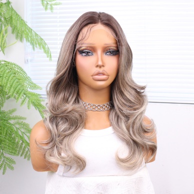 Açık Kumral Platin Ombreli ve Işıltılı Bebek Saçlı Fiber Sentetik Tül Peruk