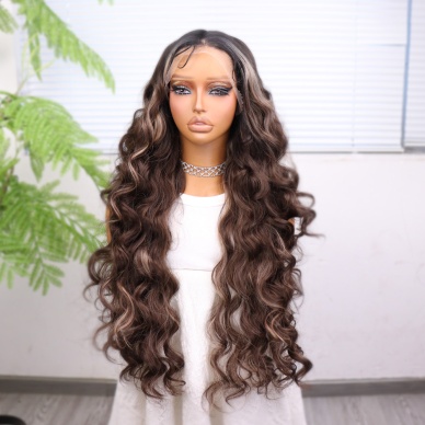 Koyu Kestane Açık Kumral Ombreli Balköpüğü Işıltılı Fiber Sentetik Tül Peruk