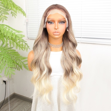 Kumral Platin Ombre ve Röfleli Fiber Sentetik Geniş Dalgalı Tül Peruk