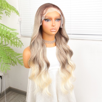 Kumral Platin Ombre ve Röfleli Fiber Sentetik Geniş Dalgalı Tül Peruk