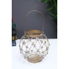 Antik Gold Metal Çiçekli Mumluk Cam Hazneli Saplı Yuvarlak 20cm