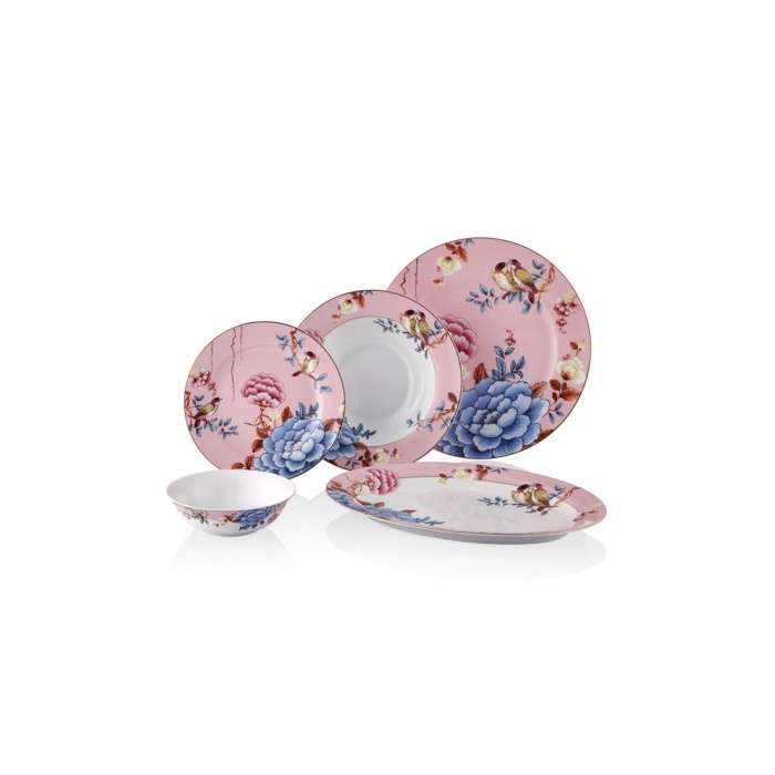 Floral Pink Porselen 27 Parça 6 Kişilik Yemek Takımı Kayık Tabaklı