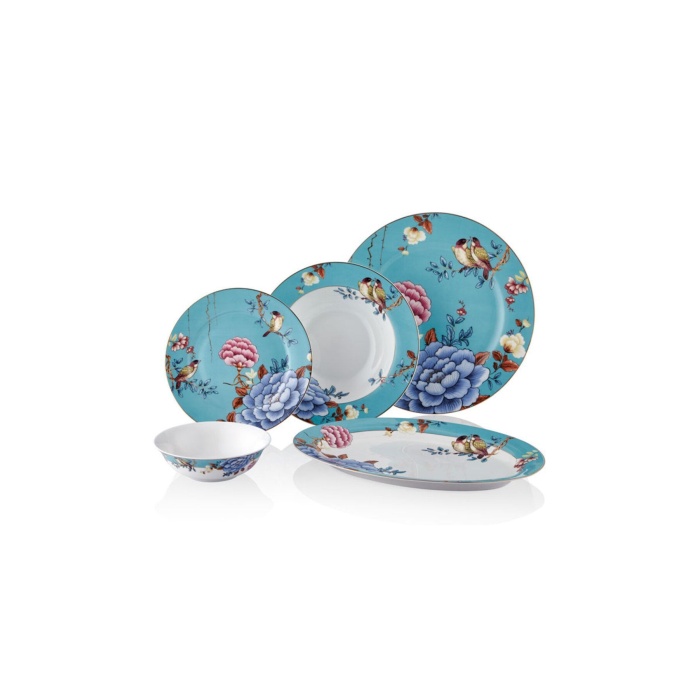 Floral Blue Porselen 27 Parça 6 Kişilik Yemek Takımı Kayık Tabaklı