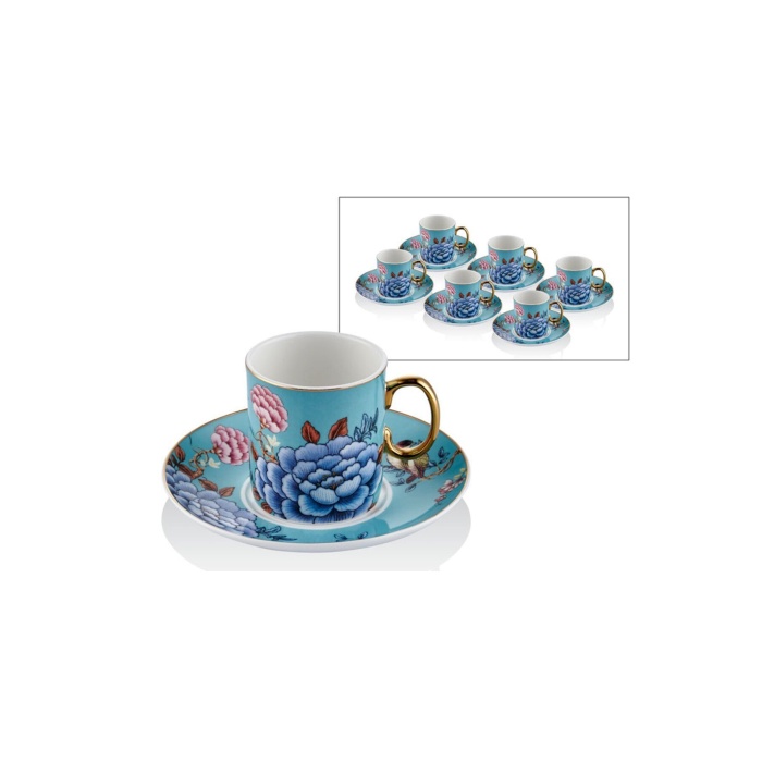 Floral Blue Porselen 12 Parça 6 Kişilik Kahve Fincan Takımı