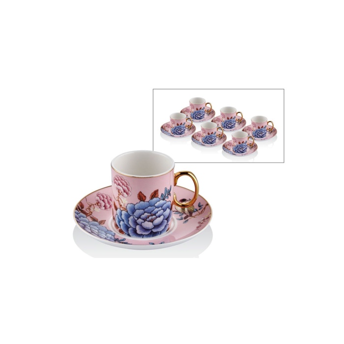 Floral Pink Porselen 12 Parça 6 Kişilik Kahve Fincan Takımı