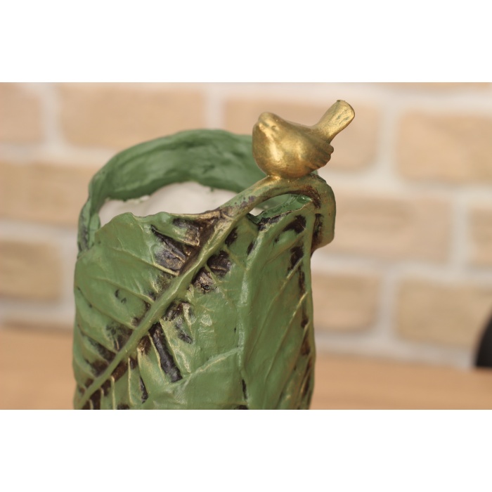 Polyester Kuşlu Yaprak Desen Gold Varaklı Vazo 28,5cm