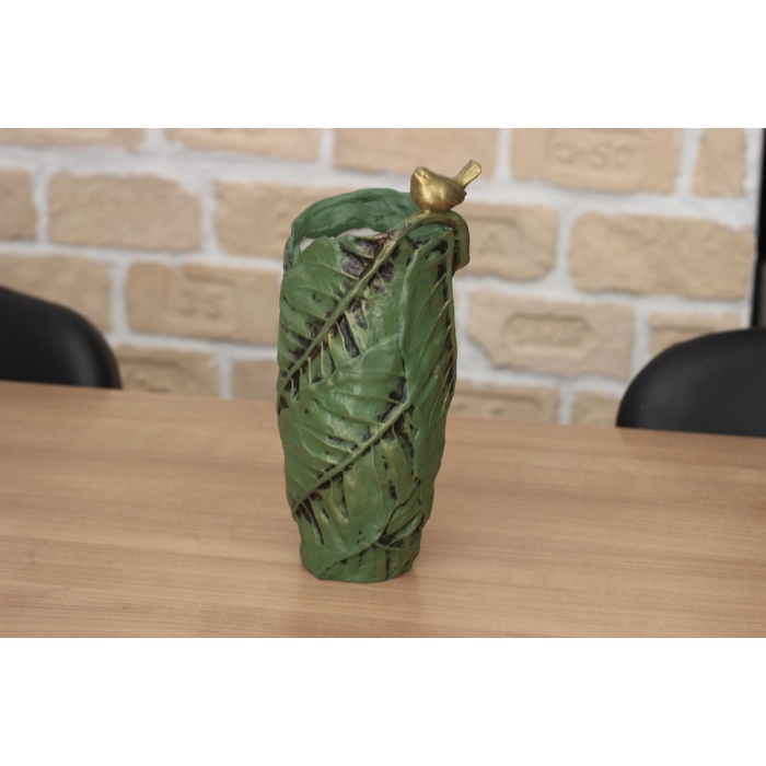 Polyester Kuşlu Yaprak Desen Gold Varaklı Vazo 28,5cm