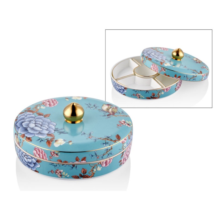 Floral Blue 7 Parça Porselen Kahvaltı Seti, Çerezlik ve Sunumluk 20 Cm