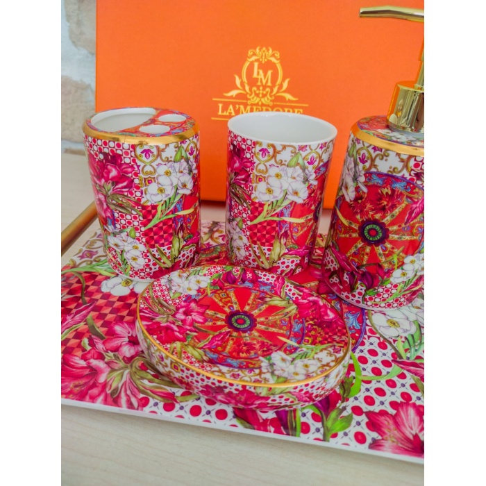 Lilyum Desen Porselen 5li Banyo Seti 31x20cm