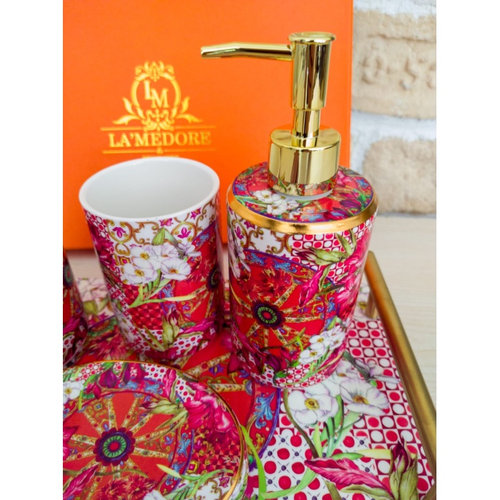 Lilyum Desen Porselen 5li Banyo Seti 31x20cm