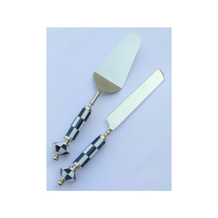 Mackie Mavi Beyaz 2li Kek Seti Pasta Spatula Bıçak Seti Kek Sunum