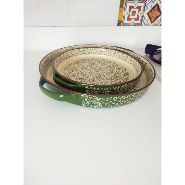 Seramik Yeşil Yuvarlak 2li Fırın Kabı Fırın Tepsisi Büyük 38-30 Cm