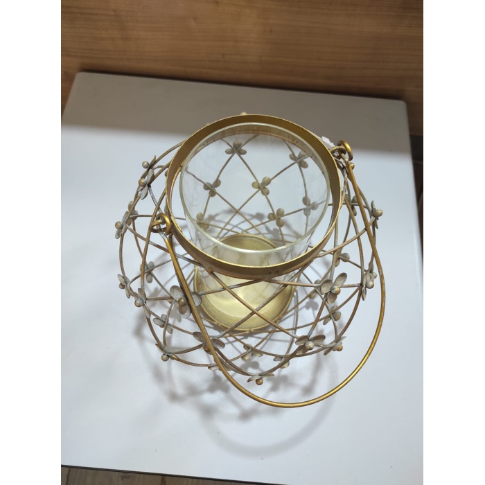 Antik Gold Metal Çiçekli Mumluk Cam Hazneli Saplı Yuvarlak 20cm