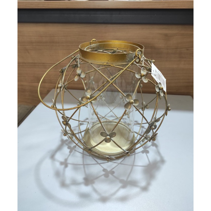 Antik Gold Metal Çiçekli Mumluk Cam Hazneli Saplı Yuvarlak 20cm