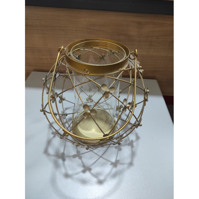 Antik Gold Metal Çiçekli Mumluk Cam Hazneli Saplı Yuvarlak 20cm