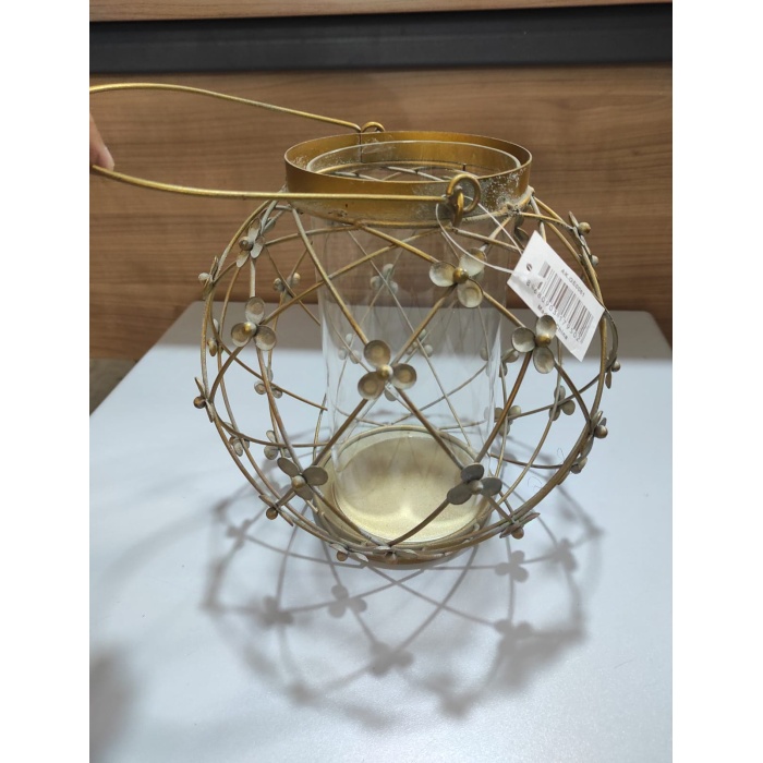 Antik Gold Metal Çiçekli Mumluk Cam Hazneli Saplı Yuvarlak 20cm