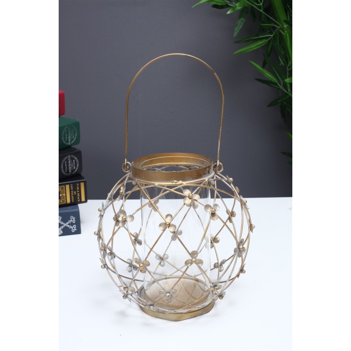 Antik Gold Metal Çiçekli Mumluk Cam Hazneli Saplı Yuvarlak 20cm