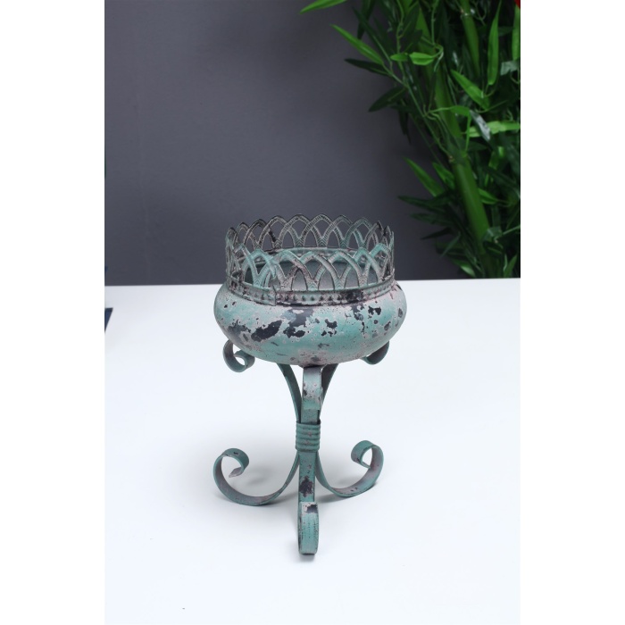 Antik Yeşil Metal Eskitme Ferforje Mumluk 20cm