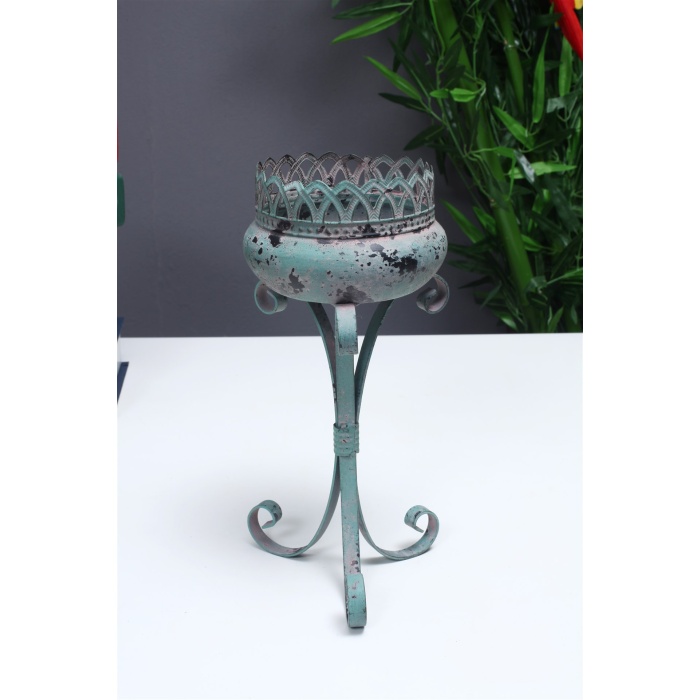 Antik Yeşil Metal Eskitme Ferforje Mumluk 28cm
