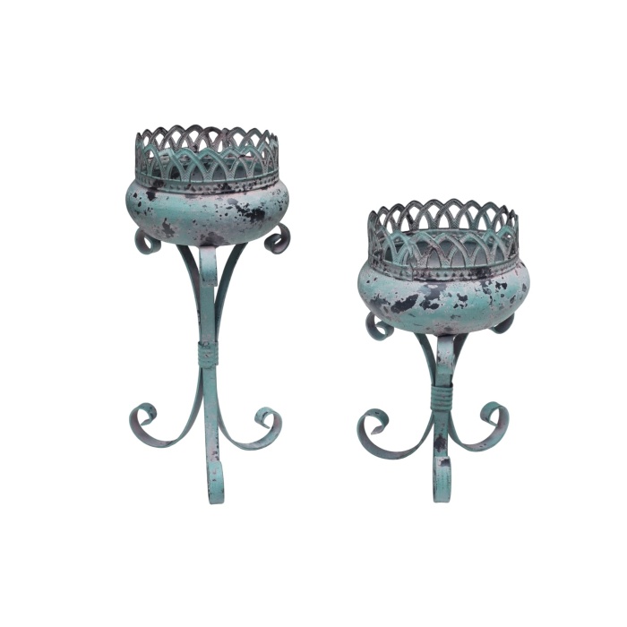 Antik Yeşil Metal Eskitme Ferforje Mumluk 28-20cm