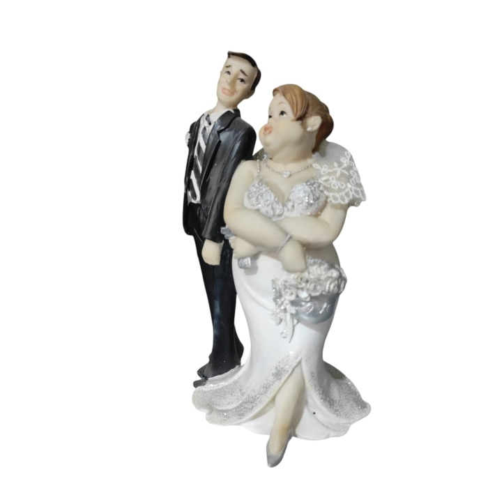 Polyester Gelin Damat Biblo Obje Silahlı Beyaz Çantalı 19cm