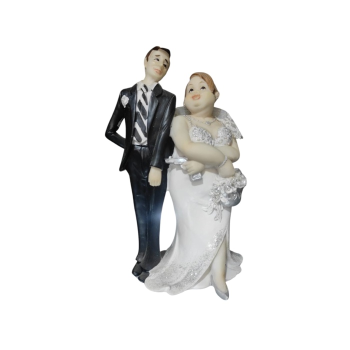 Polyester Gelin Damat Biblo Obje Silahlı Beyaz Çantalı 19cm