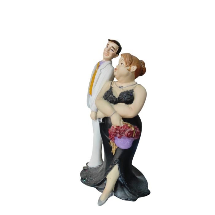 Polyester Gelin Damat Biblo Obje Silahlı Mor Çantalı 19cm