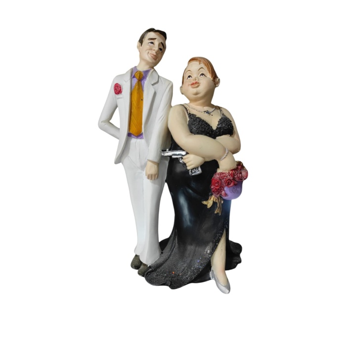 Polyester Gelin Damat Biblo Obje Silahlı Mor Çantalı 19cm