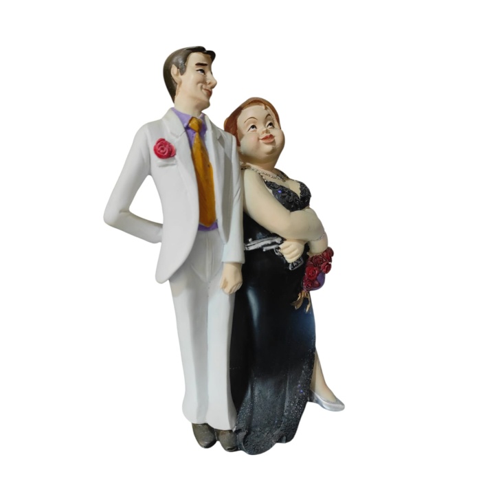 Polyester Gelin Damat Biblo Obje Silahlı Mor Çantalı 19cm