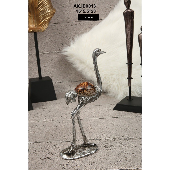 Polyester Mercanlı Gümüş Devekuşu Obje Dekor 28cm