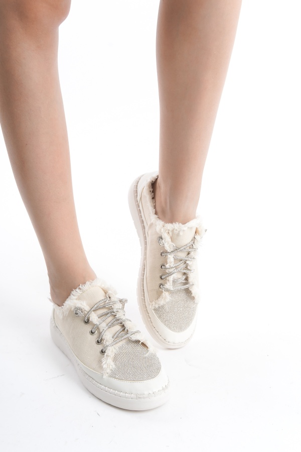 Cirena kadın bej  jean kumaş taşlı sneaker ayakkabı