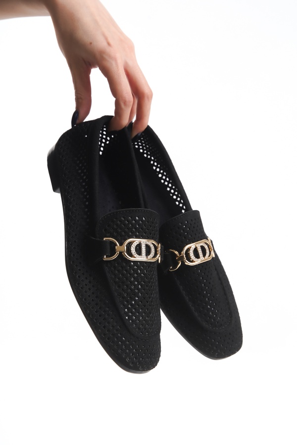 Cindy  siyah süet taş tokalı kadın loafer ayakkabı