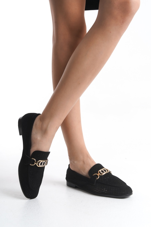 Cindy  siyah süet taş tokalı kadın loafer ayakkabı