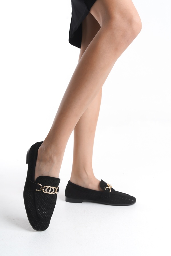 Cindy  siyah süet taş tokalı kadın loafer ayakkabı