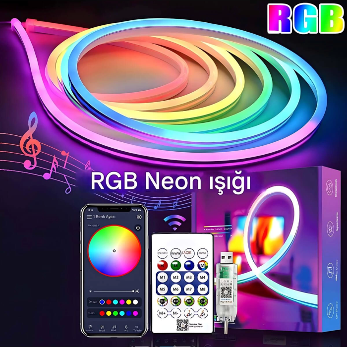 5v Rgb Neon Şerit Led Lamba 5m Telefon Ve Kumanda İle Kontrol Sınırsız Renk Tak Çalıştır